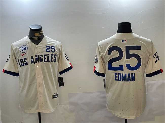 Mens Los Angeles Dodgers #25 Tommy Edman Cream 2024 World Series With No. 34 Patch City Connect Limited Stitched Jersey